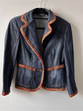 Betty Barclay Denim Women's Blazer Size 6 Orange Trim Boho Artsy